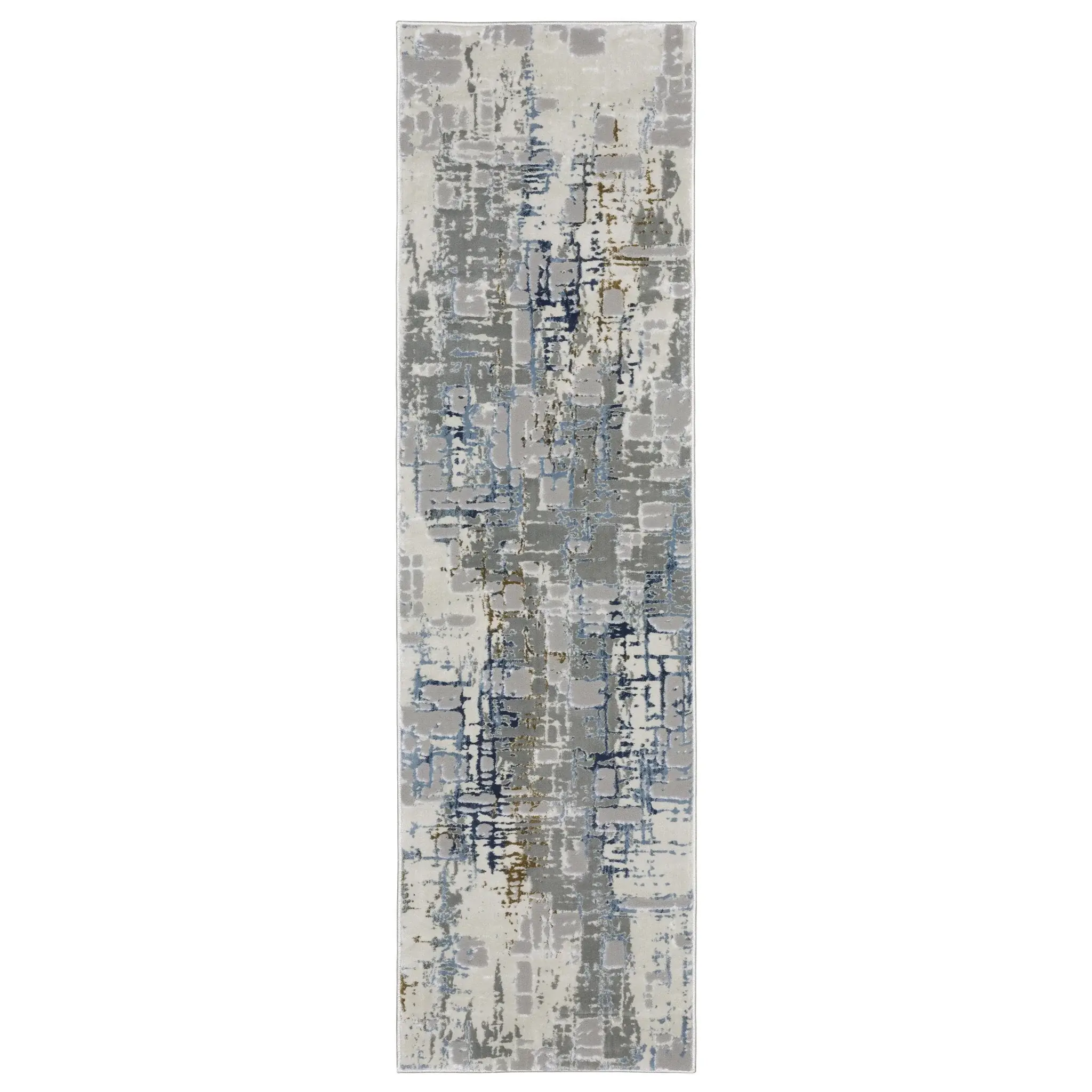 2' X 8' Grey Blue Brown Ivory And Deep Blue Abstract Power Loom Stain Resistant Runner Rug - Image 2