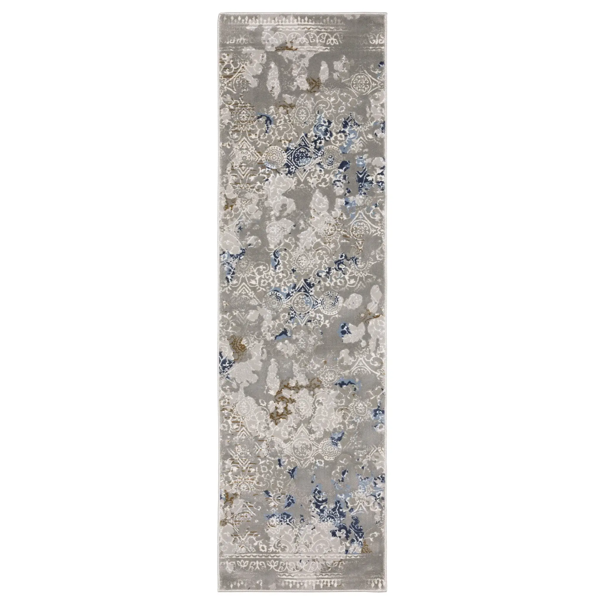 2' X 8' Grey Blue Ivory Brown And Navy Abstract Power Loom Stain Resistant Runner Rug - Image 2