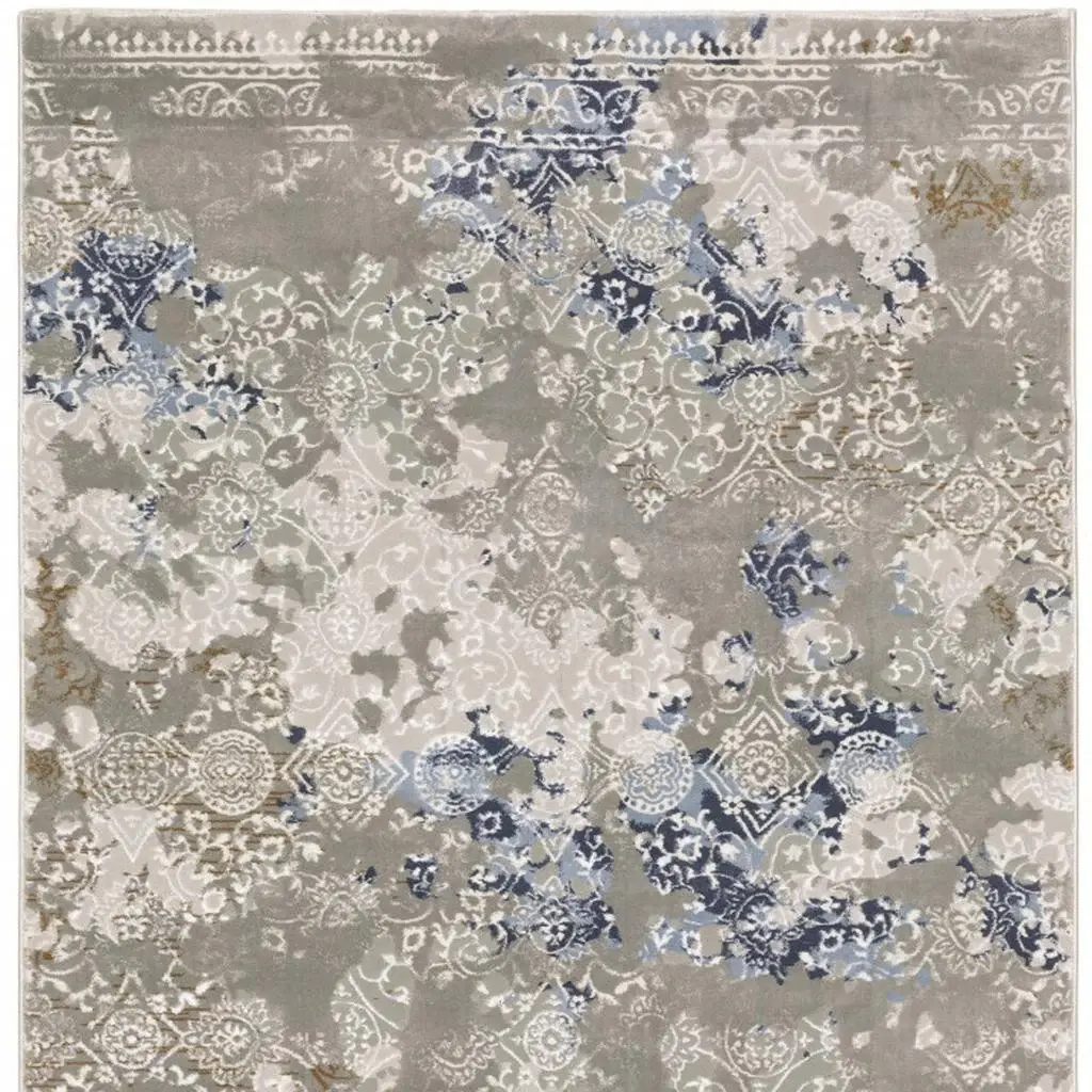 2' X 8' Grey Blue Ivory Brown And Navy Abstract Power Loom Stain Resistant Runner Rug - Image 4