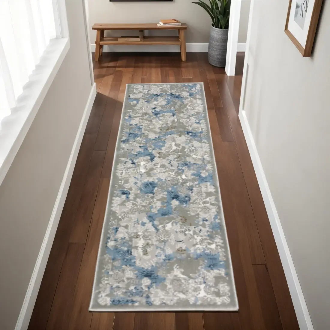 2' X 8' Grey Blue Ivory Navy Beige And Brown Abstract Power Loom Stain Resistant Runner Rug