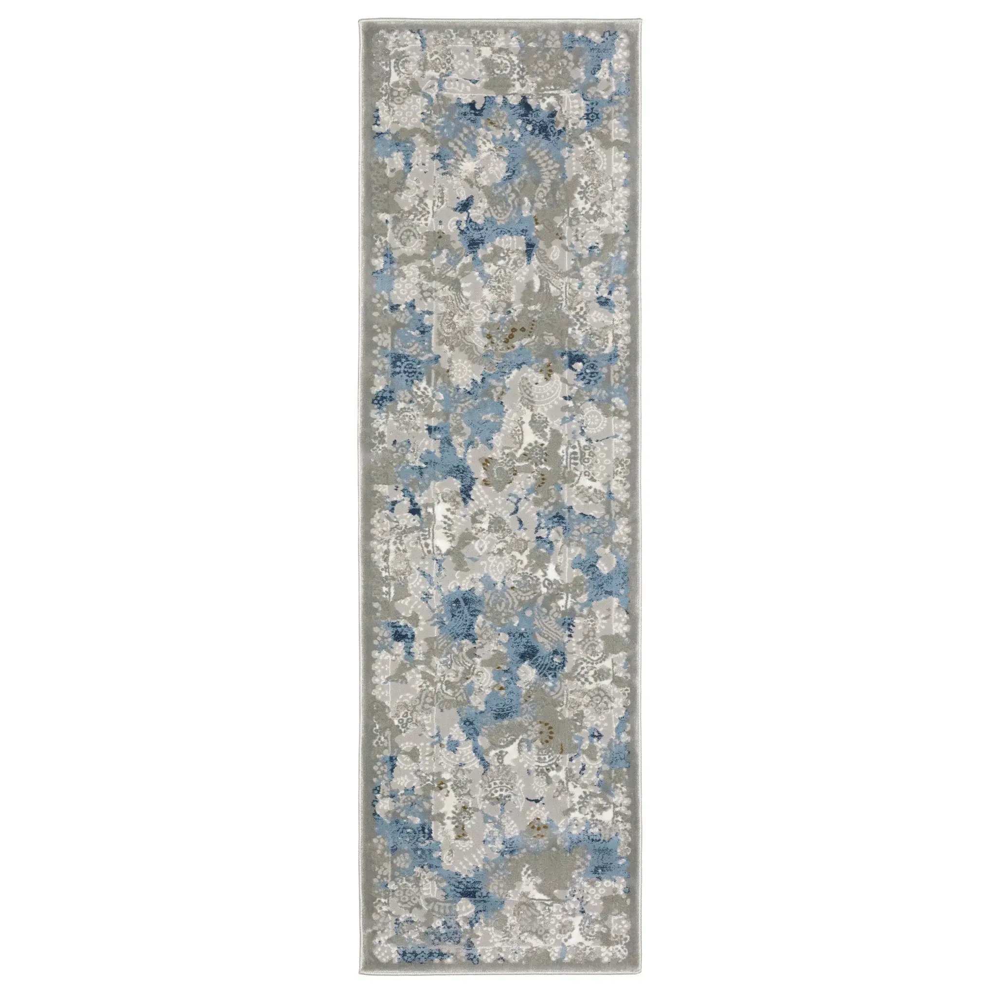 2' X 8' Grey Blue Ivory Navy Beige And Brown Abstract Power Loom Stain Resistant Runner Rug - Image 2