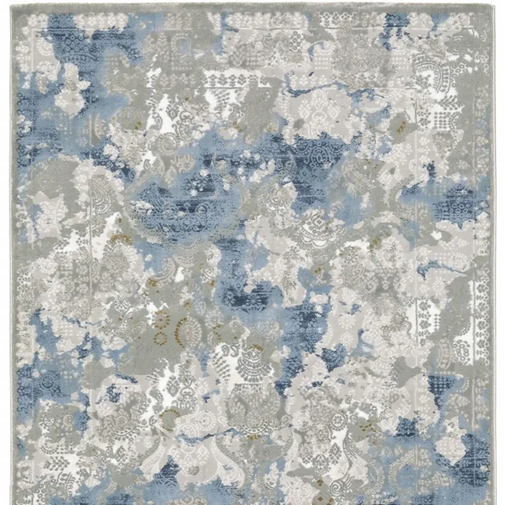 2' X 8' Grey Blue Ivory Navy Beige And Brown Abstract Power Loom Stain Resistant Runner Rug - Image 4