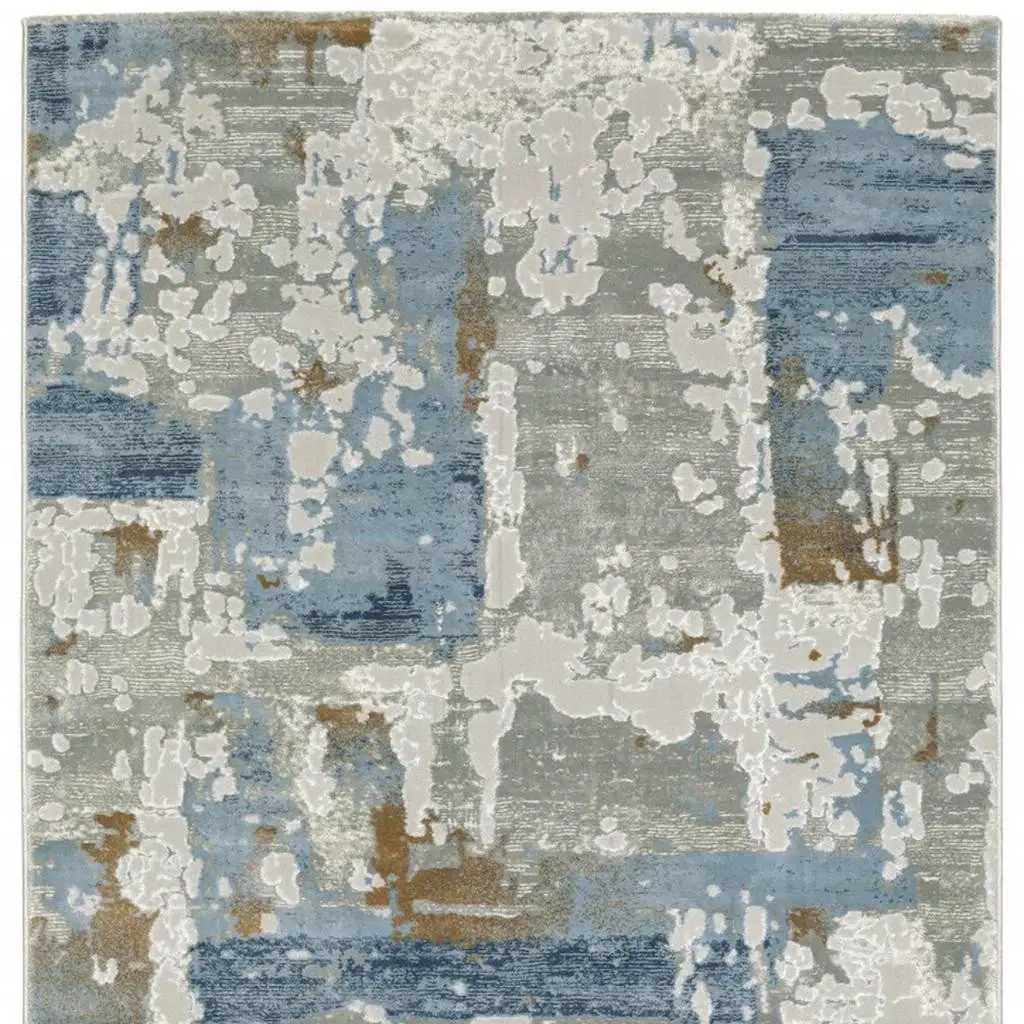 2' X 8' Grey Blue Navy Ivory And Brown Abstract Power Loom Stain Resistant Runner Rug - Image 4