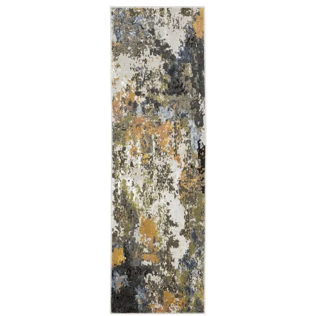 2' X 8' Grey Gold Blue Orange Beige And Brown Abstract Power Loom Stain Resistant Runner Rug - Image 2