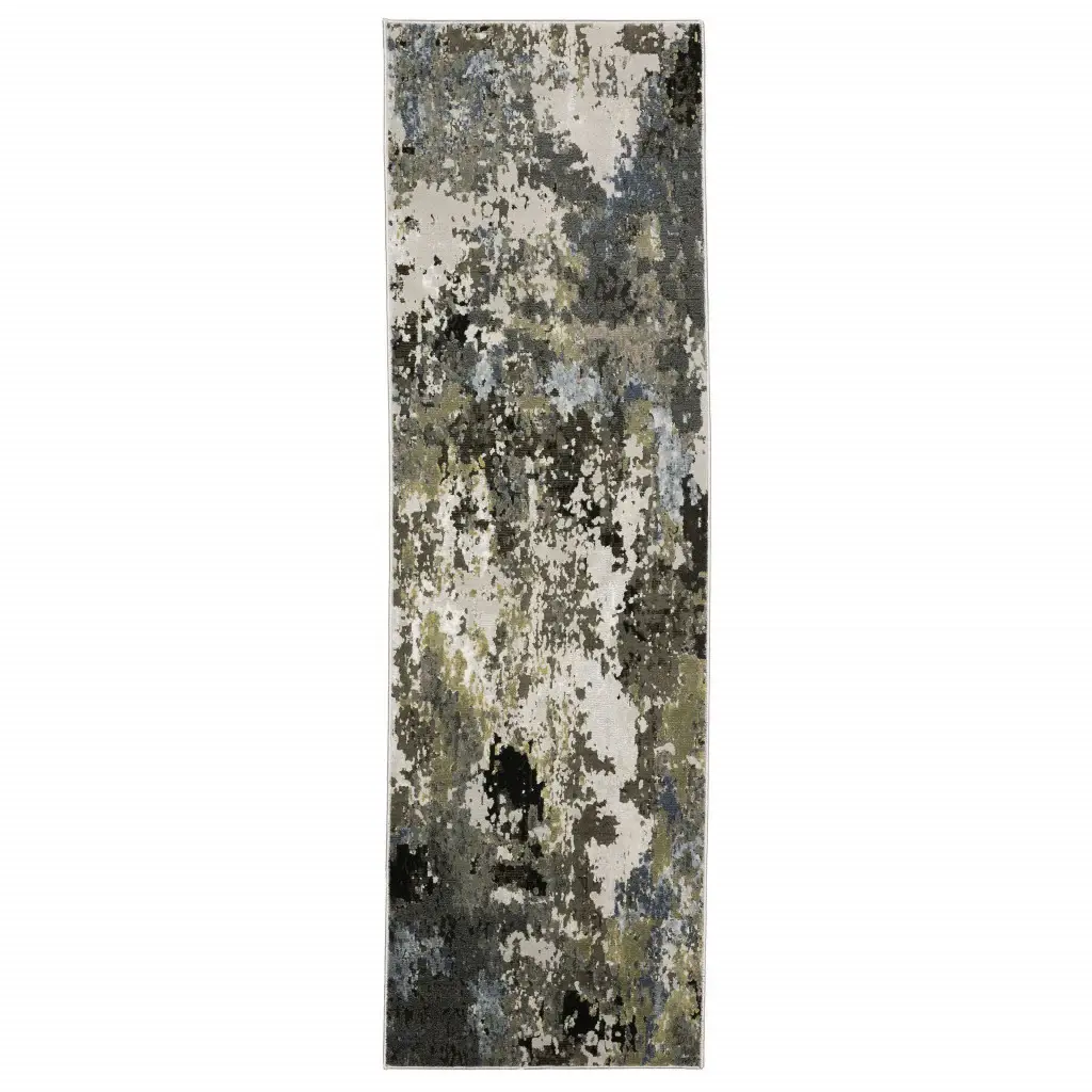 2' X 8' Grey Green Gold Blue And Beige Abstract Power Loom Stain Resistant Runner Rug - Image 2