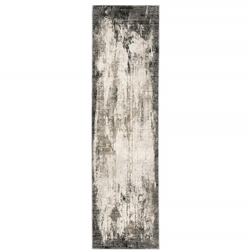 2' X 8' Grey Ivory Charcoal Tan Black And Beige Abstract Power Loom Stain Resistant Runner Rug - Image 2