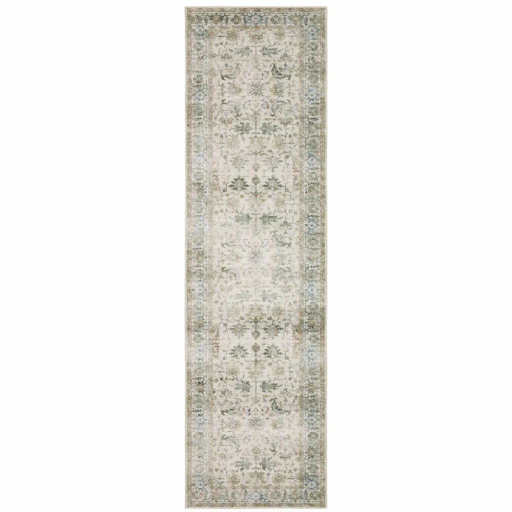 2' X 8' Grey Orange Blue Gold Green And Rust Oriental Printed Stain Resistant Non Skid Runner Rug - Image 2