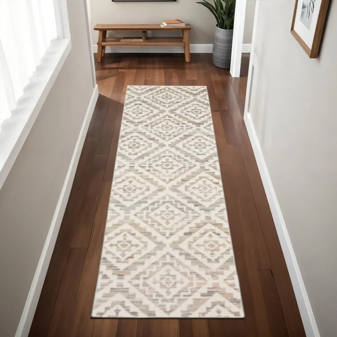 2' X 8' Grey Pink And Sage Geometric Power Loom Stain Resistant Runner Rug