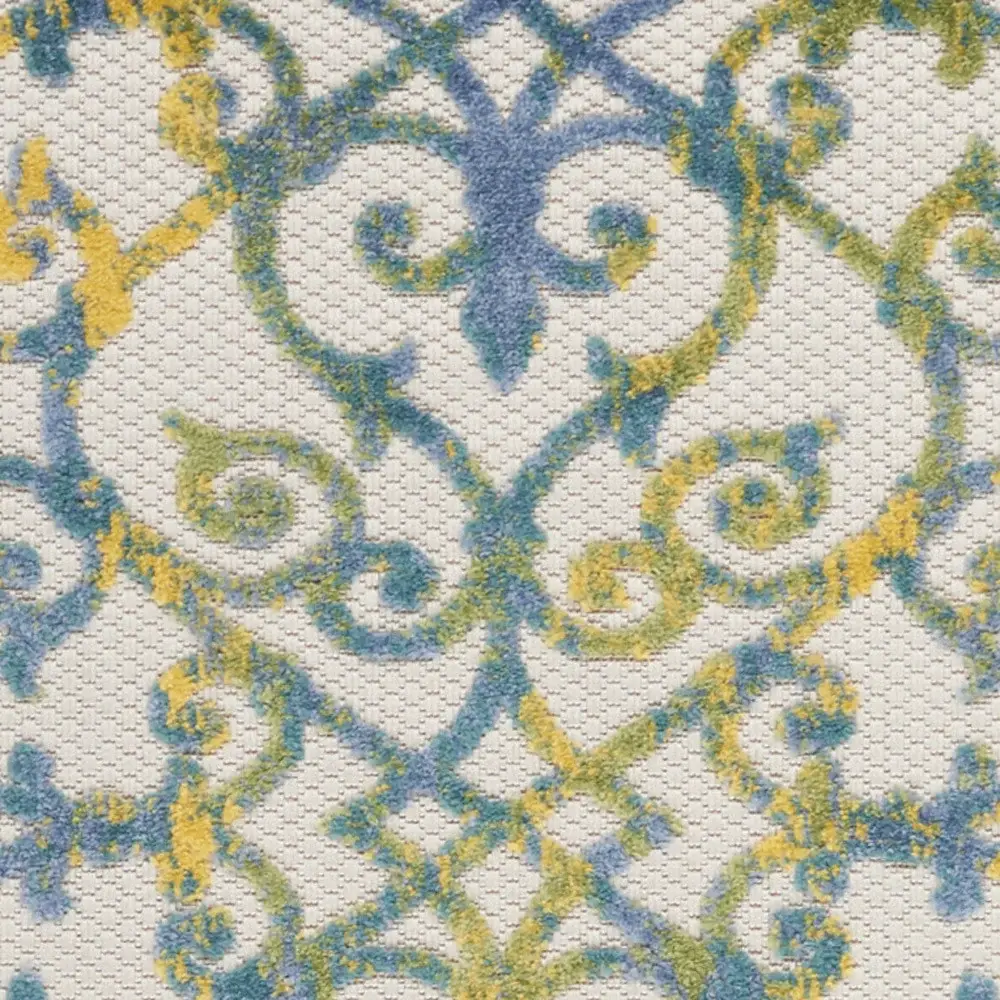 2' X 8' Ivory And Blue Damask Non Skid Indoor Outdoor Runner Rug - Image 2