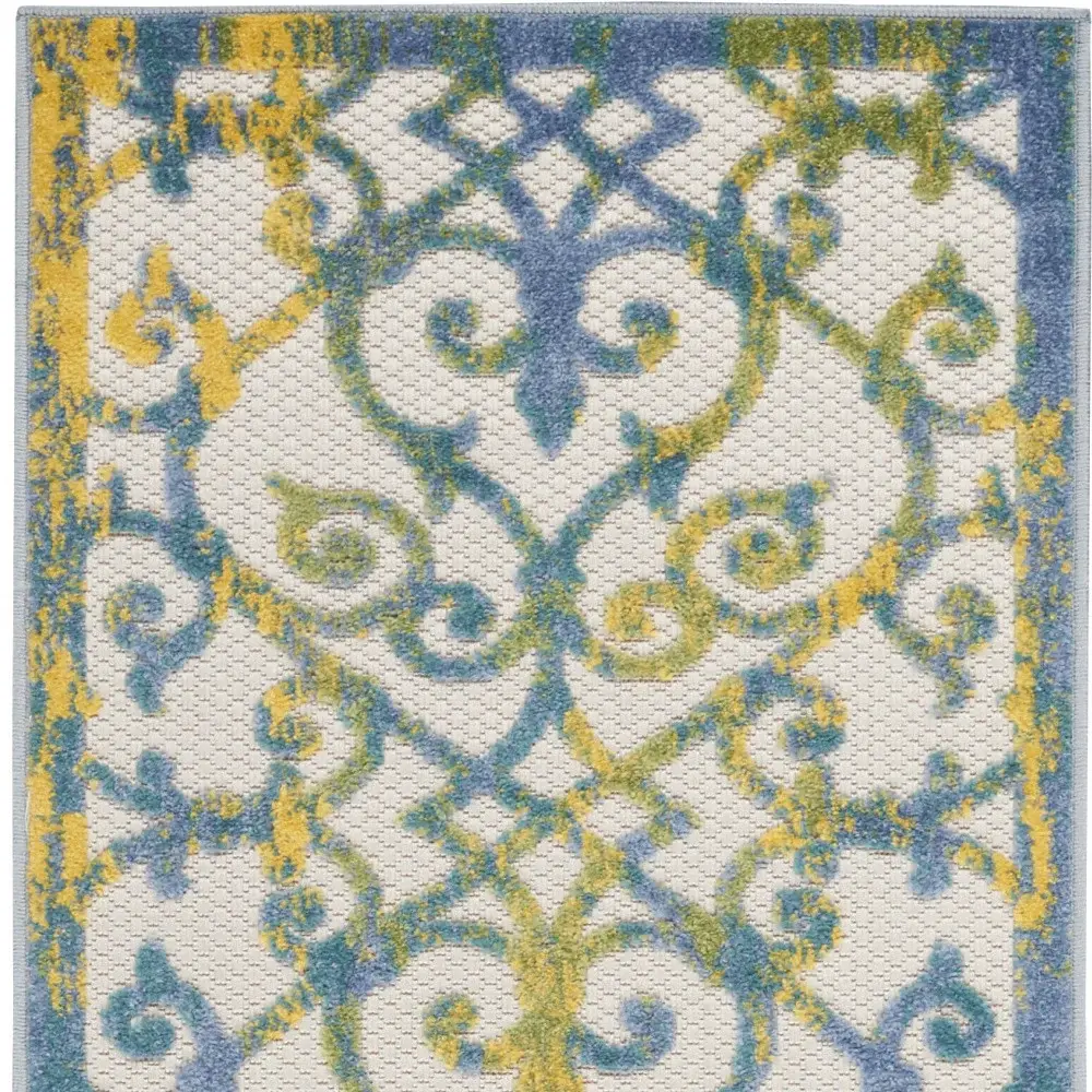 2' X 8' Ivory And Blue Damask Non Skid Indoor Outdoor Runner Rug - Image 3