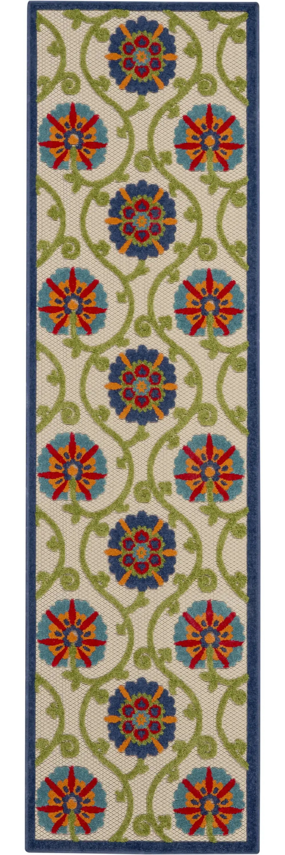 2' X 8' Ivory And Blue Floral Indoor Outdoor Area Rug