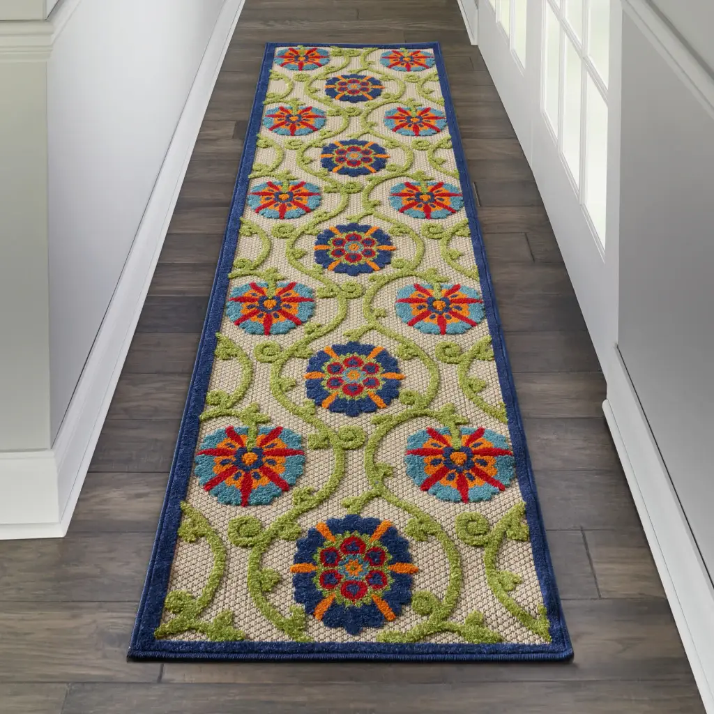 2' X 8' Ivory And Blue Floral Indoor Outdoor Area Rug - Image 2