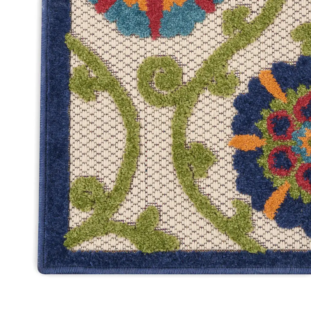 2' X 8' Ivory And Blue Floral Indoor Outdoor Area Rug - Image 4