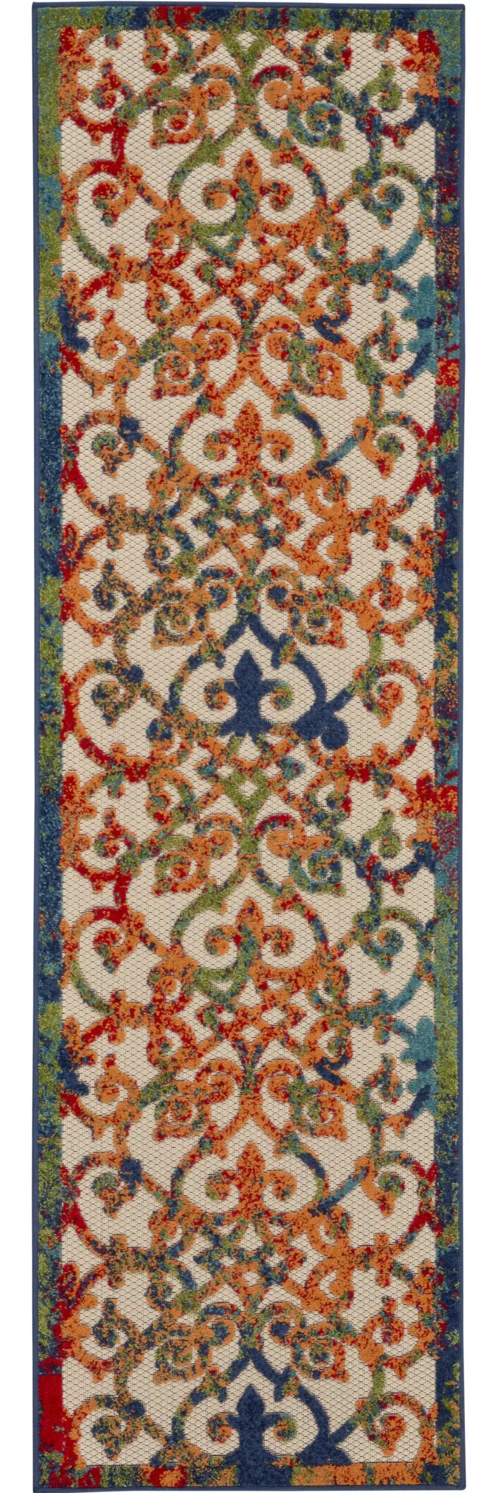 2' X 8' Ivory And Blue Floral Indoor Outdoor Area Rug