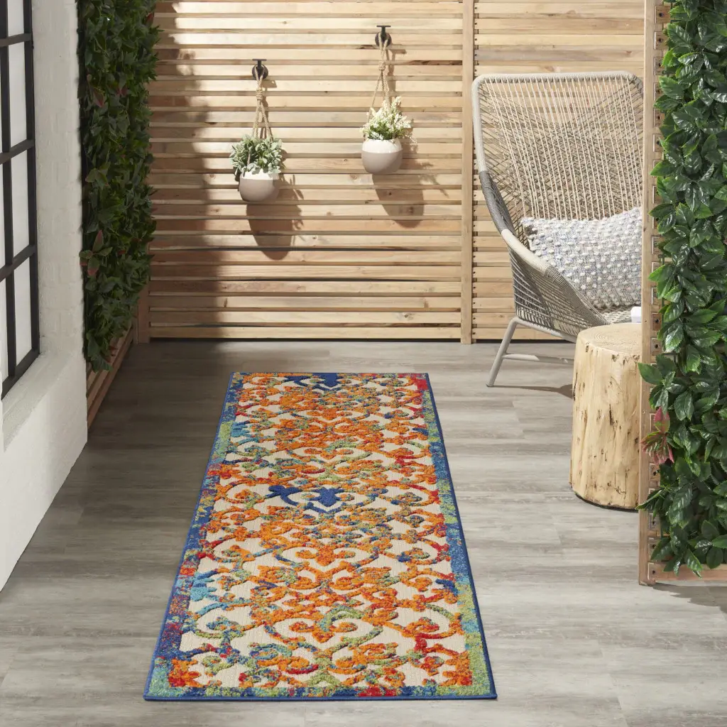 2' X 8' Ivory And Blue Floral Indoor Outdoor Area Rug - Image 3