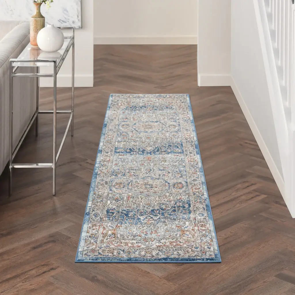 2' X 8' Ivory And Blue Oriental Power Loom Non Skid Runner Rug - Image 9