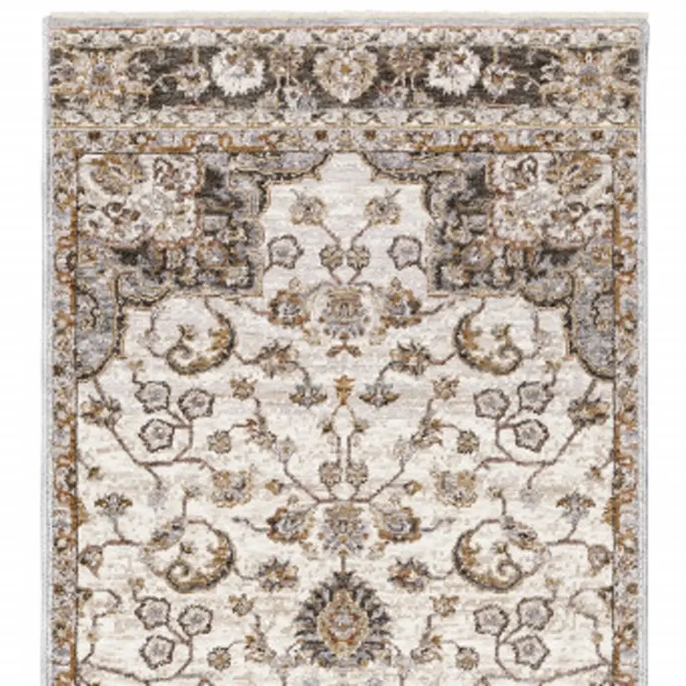 2' X 8' Ivory And Blue Oriental Power Loom Stain Resistant Runner Rug With Fringe - Image 4