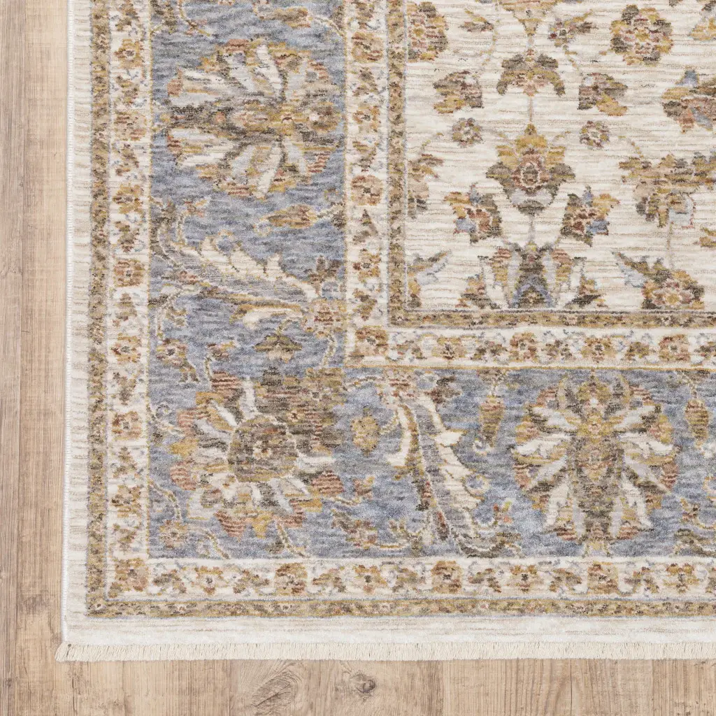 2' X 8' Ivory And Blue Oriental Power Loom Stain Resistant Runner Rug With Fringe - Image 3