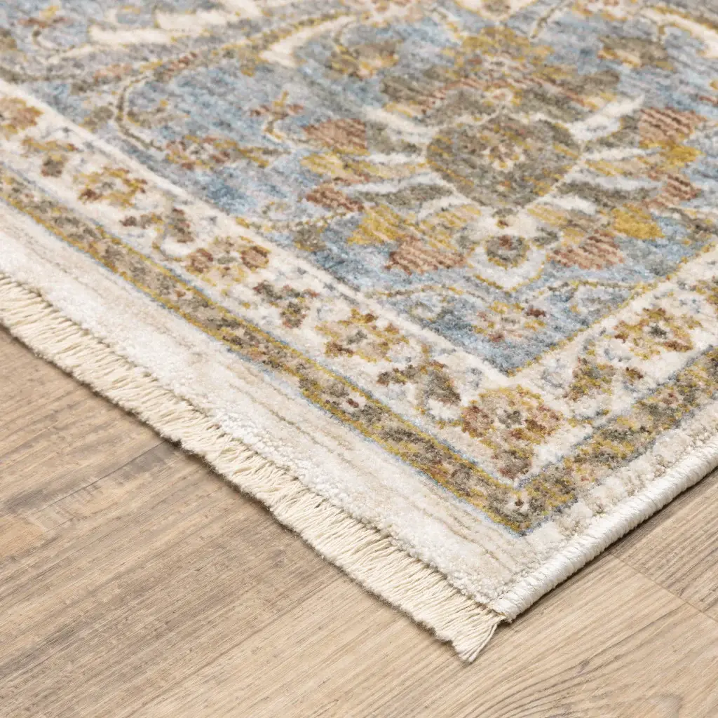 2' X 8' Ivory And Blue Oriental Power Loom Stain Resistant Runner Rug With Fringe - Image 4
