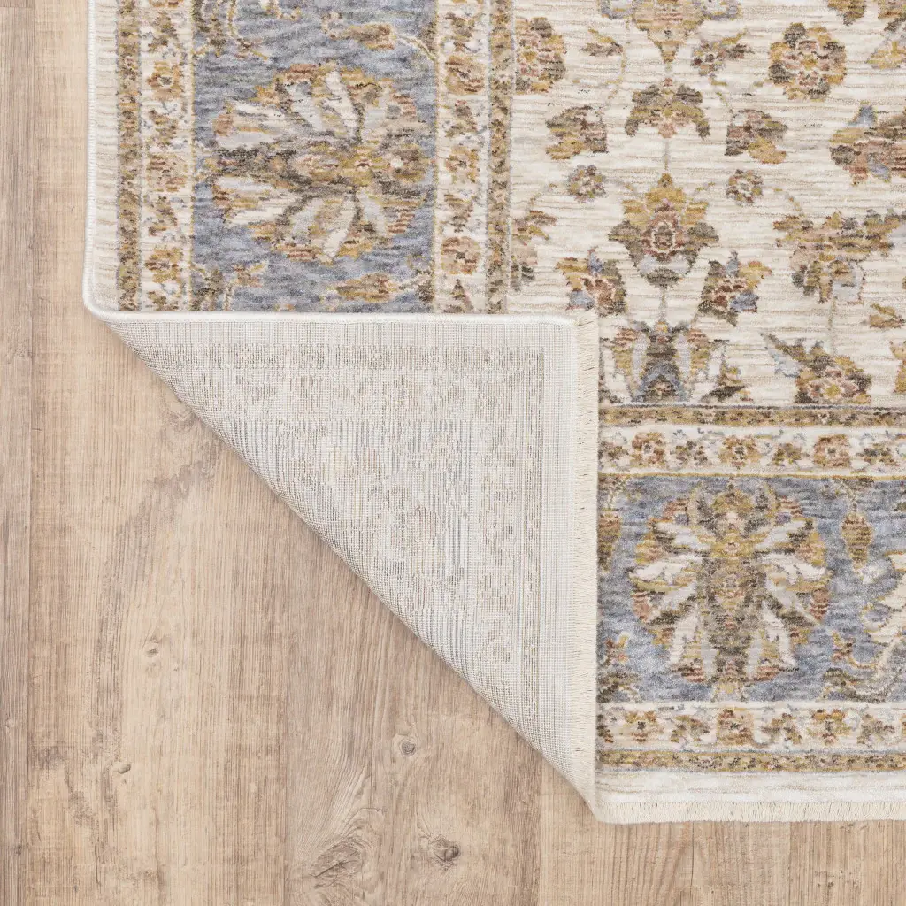 2' X 8' Ivory And Blue Oriental Power Loom Stain Resistant Runner Rug With Fringe - Image 6