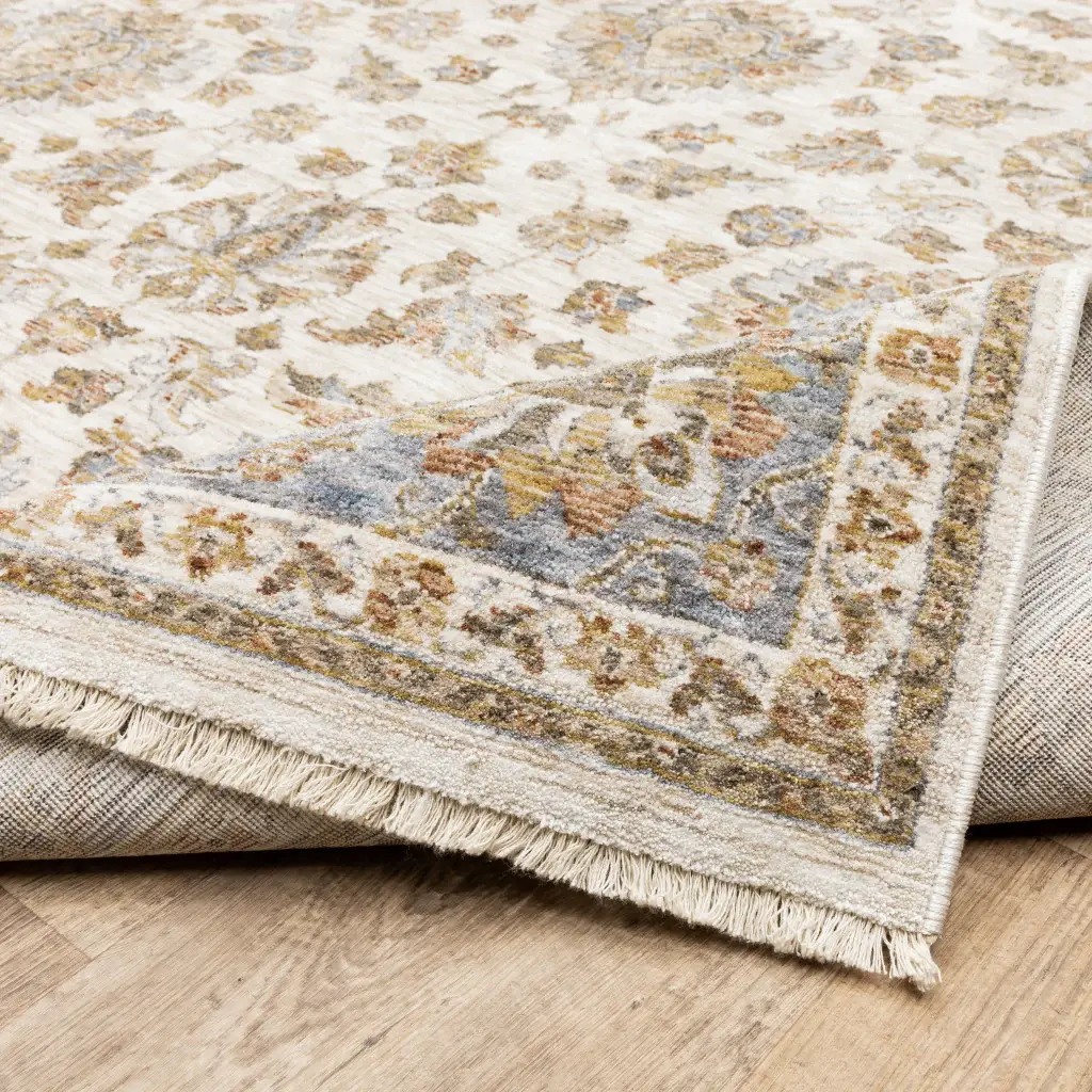 2' X 8' Ivory And Blue Oriental Power Loom Stain Resistant Runner Rug With Fringe - Image 7