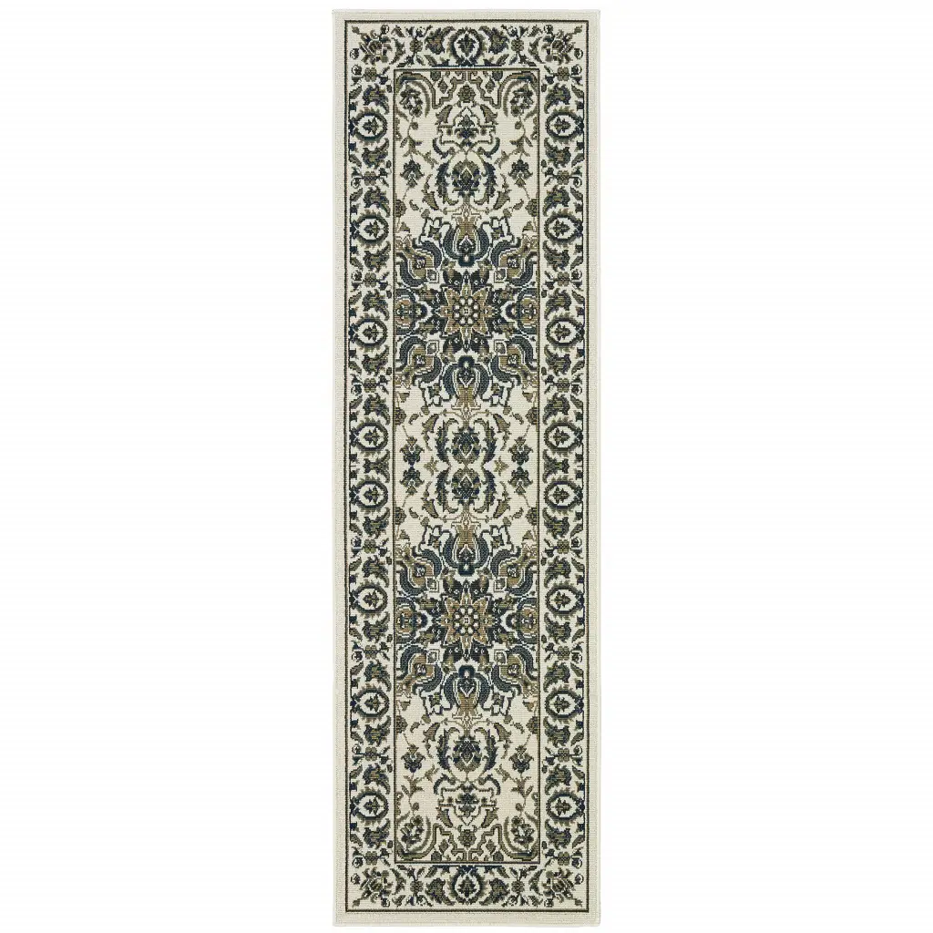 2' X 8' Ivory and Blue Oriental Stain Resistant Indoor Outdoor Area Rug