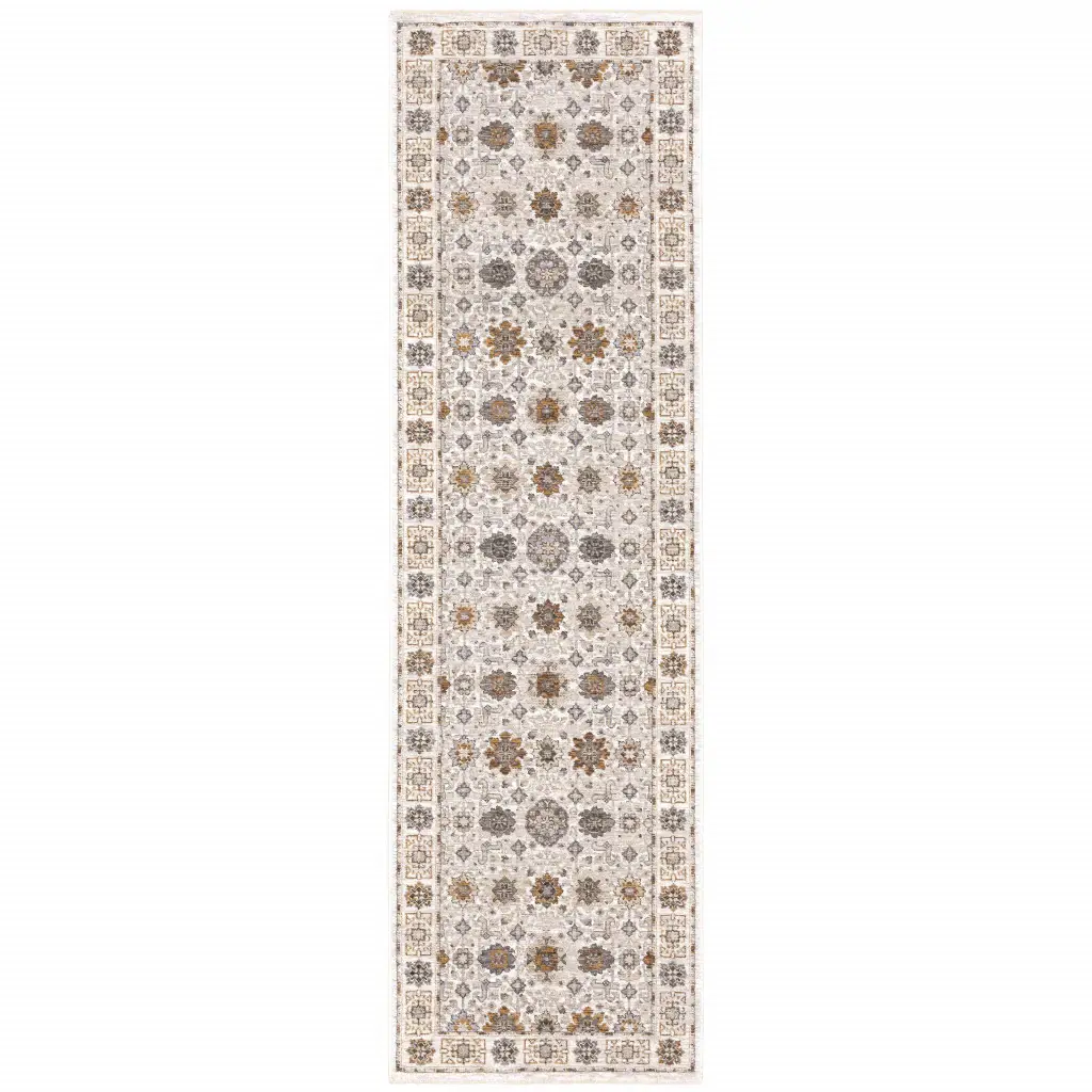 2' X 8' Ivory And Gold Oriental Power Loom Stain Resistant Runner Rug With Fringe - Image 2