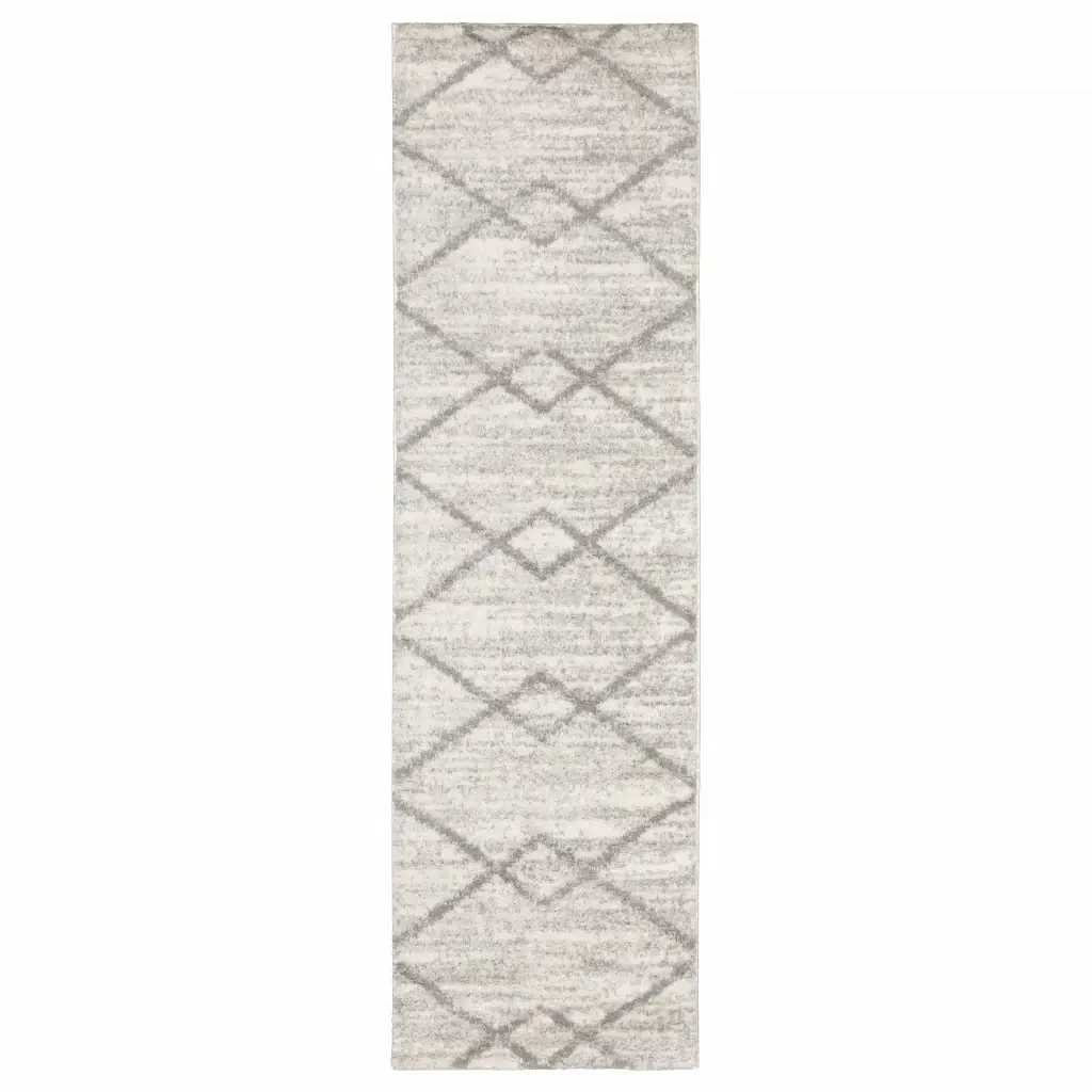 2' X 8' Ivory And Grey Geometric Shag Power Loom Stain Resistant Runner Rug - Image 2
