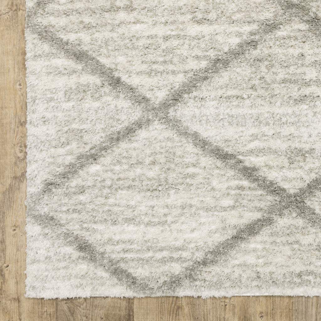 2' X 8' Ivory And Grey Geometric Shag Power Loom Stain Resistant Runner Rug - Image 4