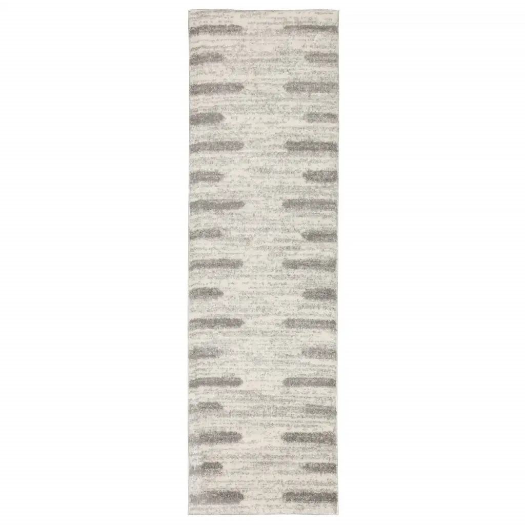 2' X 8' Ivory And Grey Geometric Shag Power Loom Stain Resistant Runner Rug - Image 2