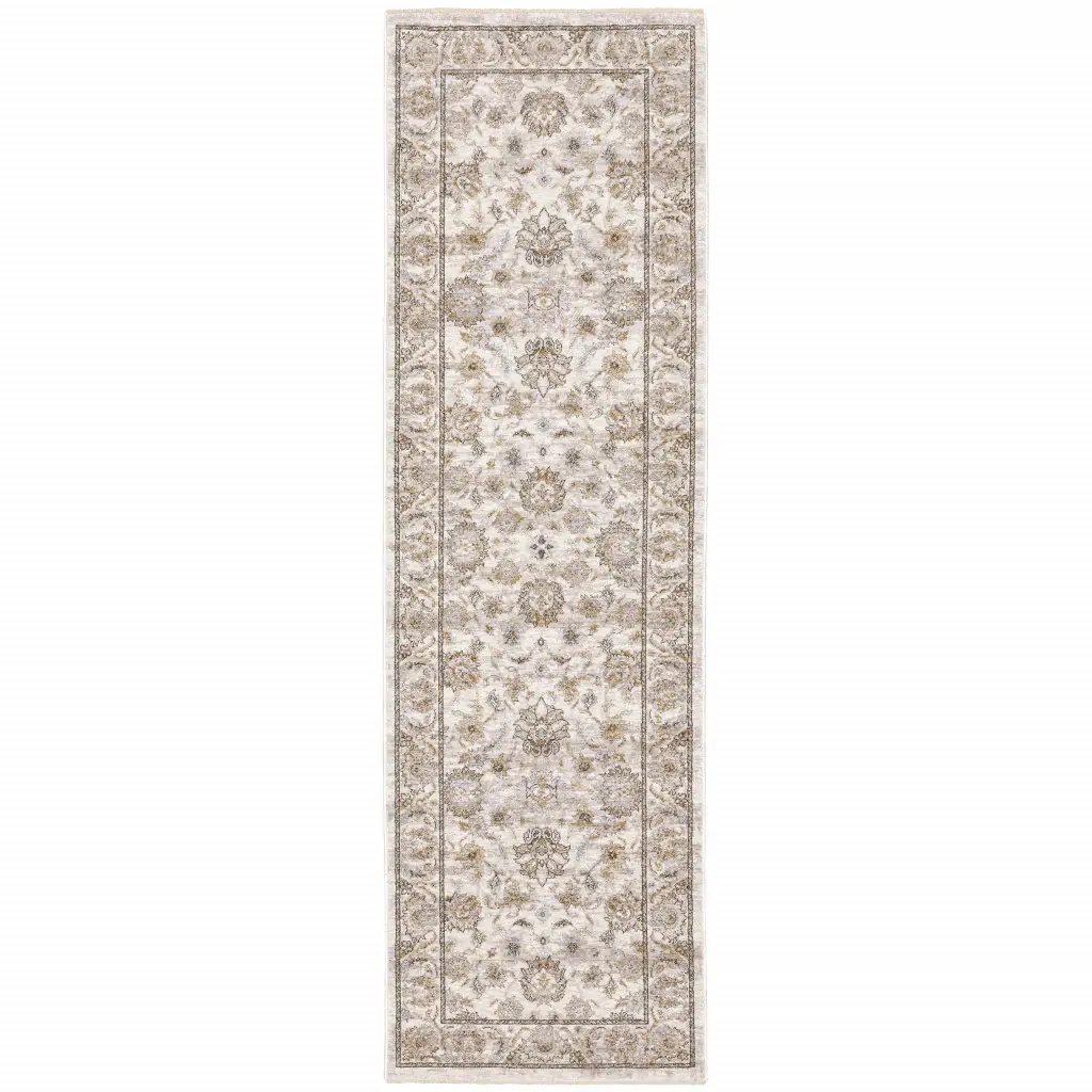 2' X 8' Ivory And Grey Oriental Power Loom Stain Resistant Runner Rug With Fringe