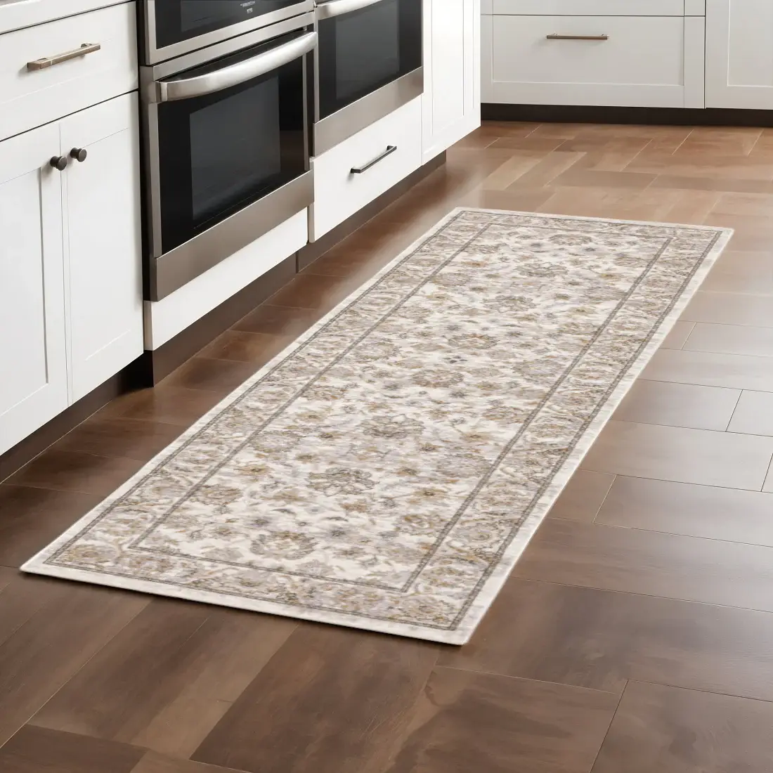 2' X 8' Ivory And Grey Oriental Power Loom Stain Resistant Runner Rug With Fringe - Image 2