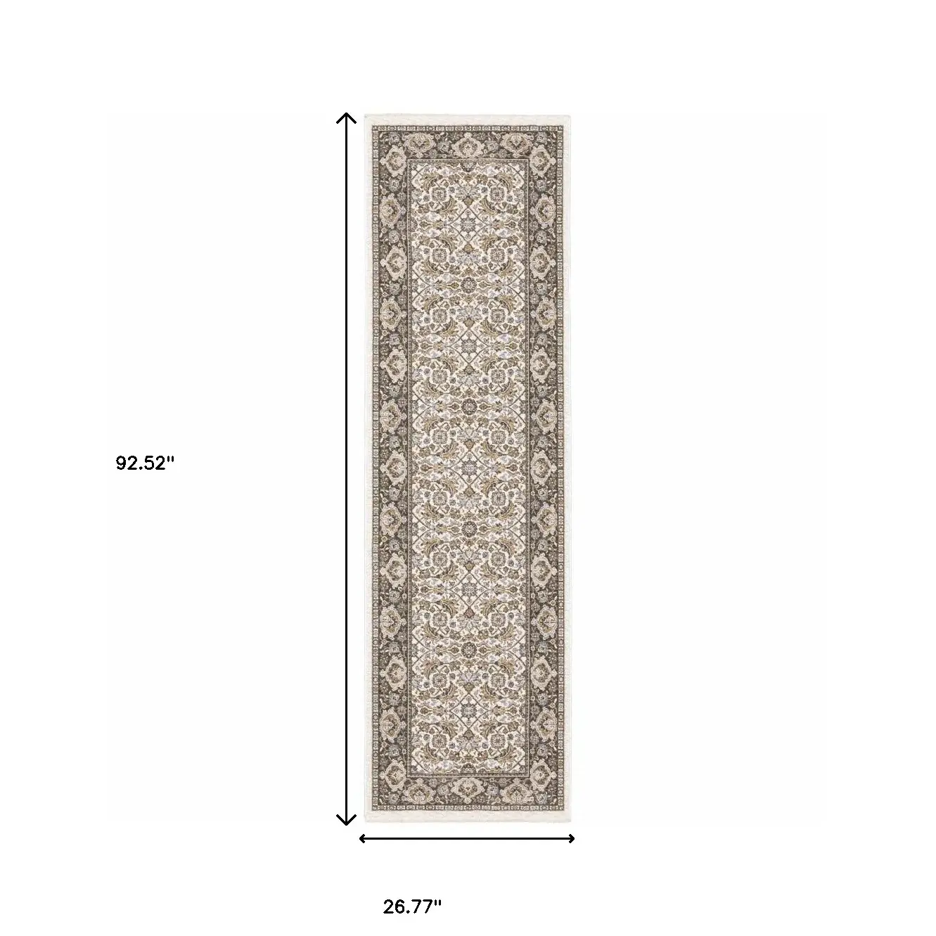2' X 8' Ivory And Grey Oriental Power Loom Stain Resistant Runner Rug With Fringe - Image 3