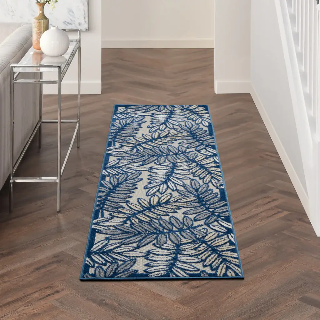 2' X 8' Ivory And Navy Floral Non Skid Indoor Outdoor Runner Rug - Image 4