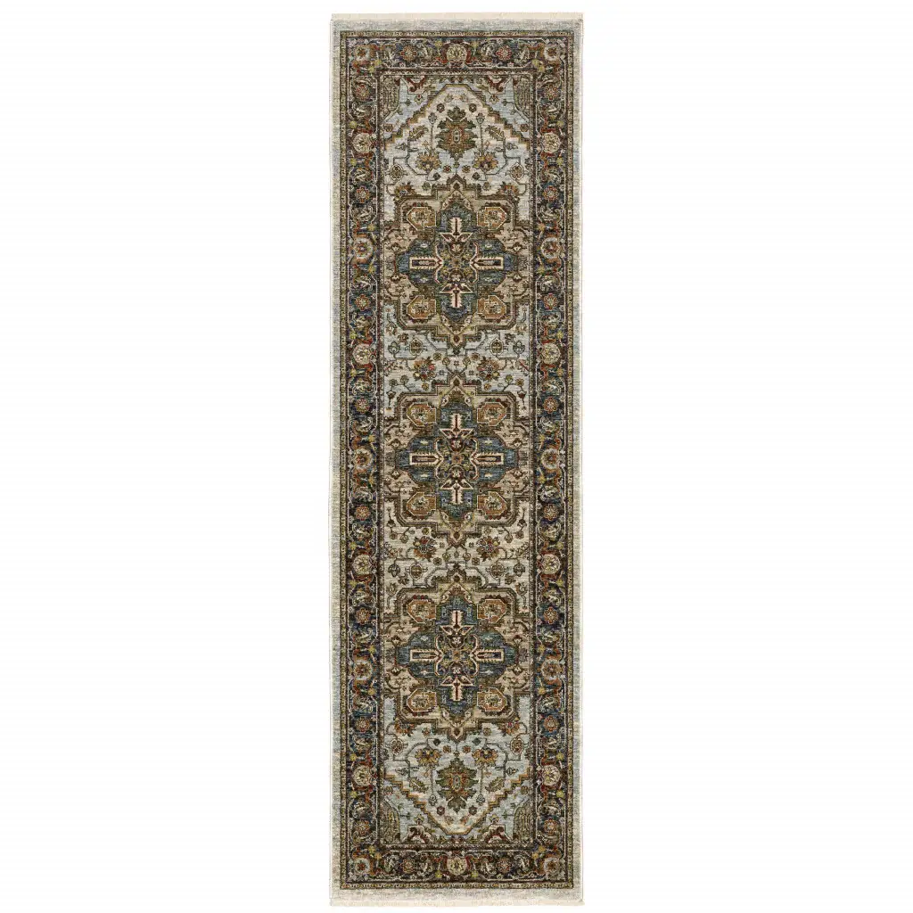 2' X 8' Ivory Beige Blue Orange Gold Green Grey And Rust Oriental Power Loom Stain Resistant Runner Rug With Fringe - Image 2