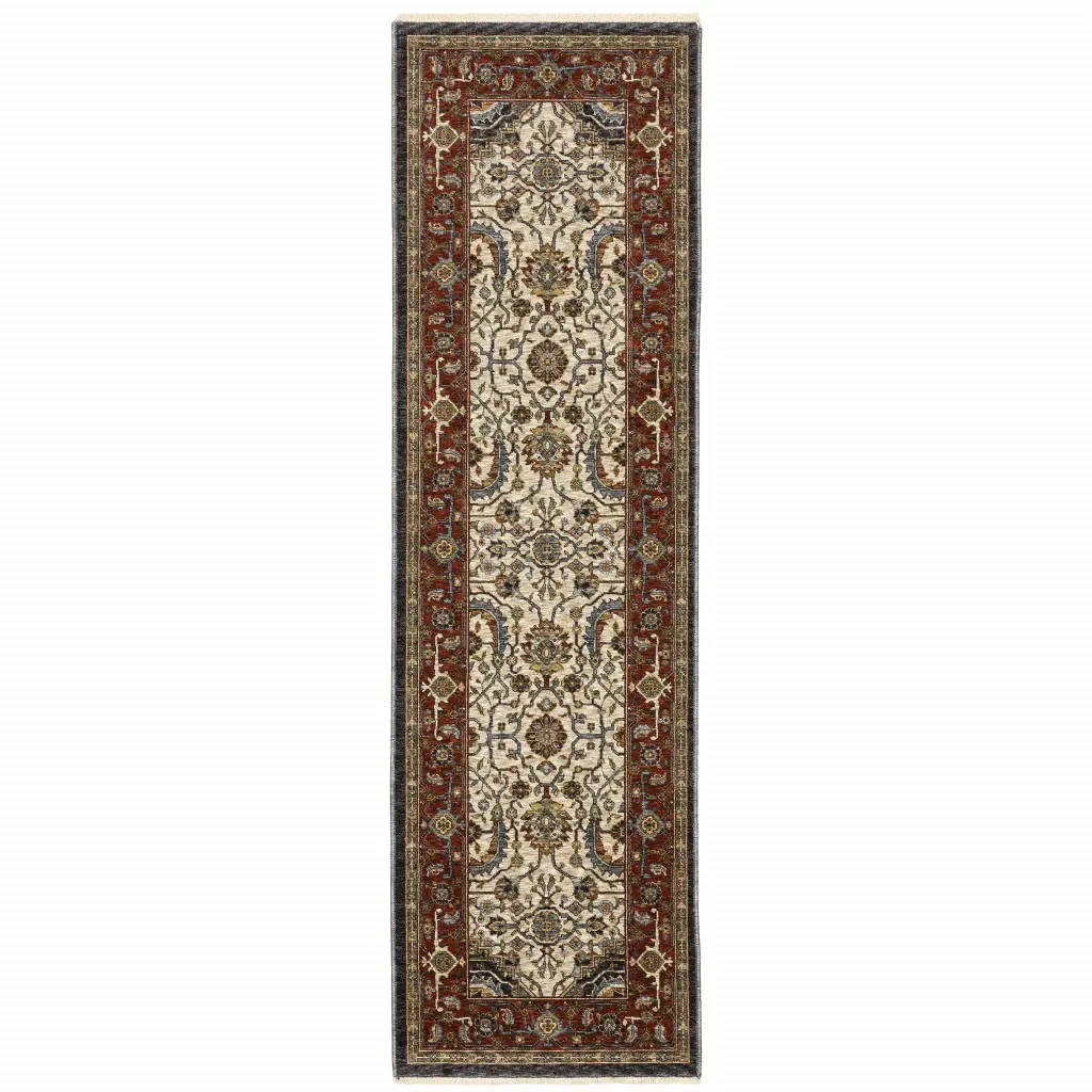 2' X 8' Ivory Beige Red Blue Gold Green And Navy Oriental Power Loom Stain Resistant Runner Rug With Fringe - Image 2