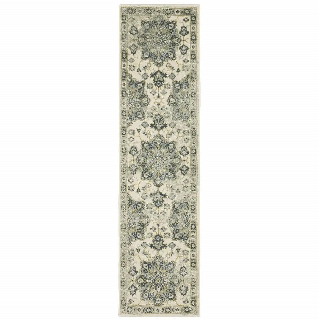 2' X 8' Ivory Blue Teal Grey And Olive Green Oriental Power Loom Stain Resistant Runner Rug - Image 2