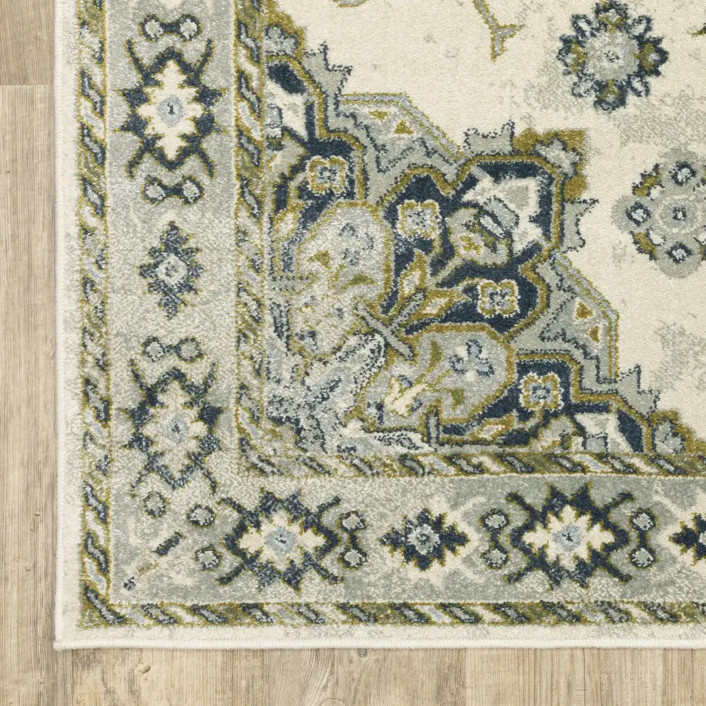 2' X 8' Ivory Blue Teal Grey And Olive Green Oriental Power Loom Stain Resistant Runner Rug - Image 4
