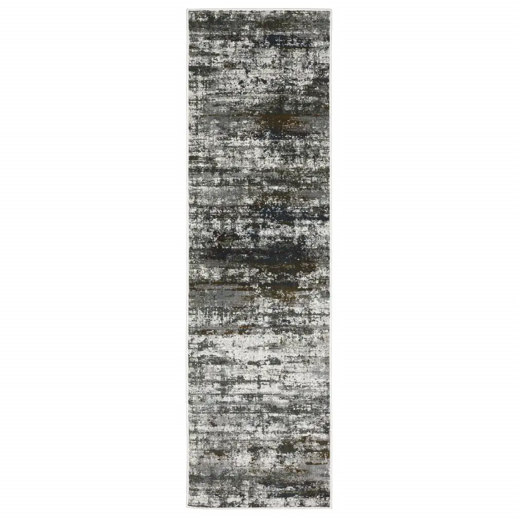 2' X 8' Ivory Charcoal Grey Blue Rust And Brown Abstract Power Loom Stain Resistant Runner Rug - Image 2
