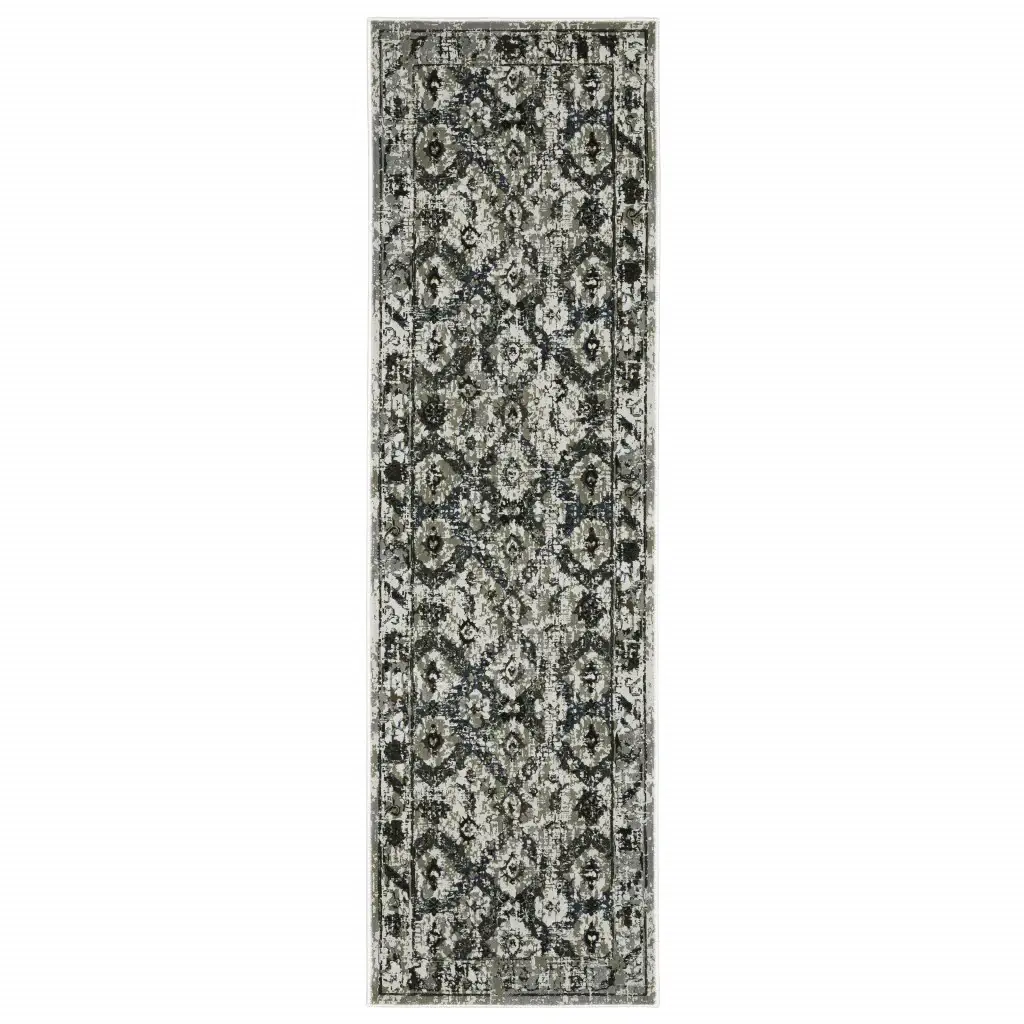 2' X 8' Ivory Charcoal Grey Blue Rust Gold And Brown Oriental Power Loom Stain Resistant Runner Rug - Image 2