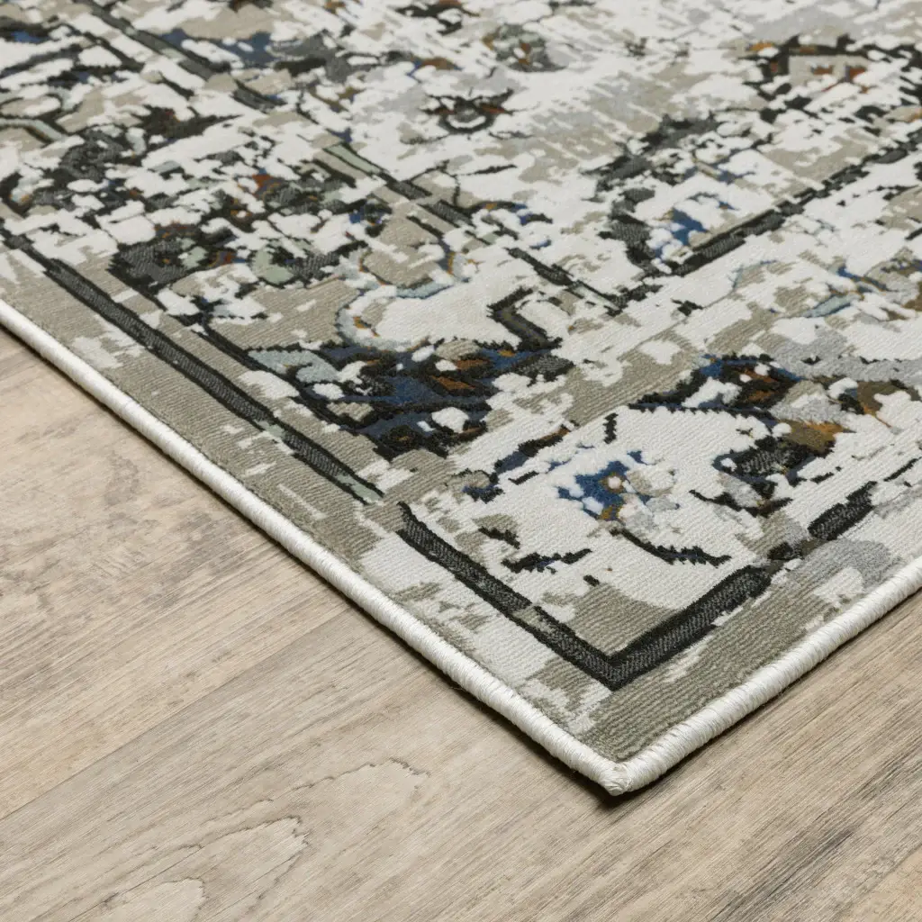 2' X 8' Ivory Charcoal Grey Blue Rust Gold And Brown Oriental Power Loom Stain Resistant Runner Rug - Image 4