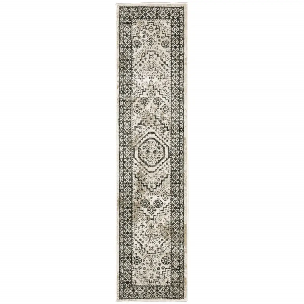 2' X 8' Ivory Grey Black And Ivory Oriental Power Loom Stain Resistant Runner Rug - Image 2