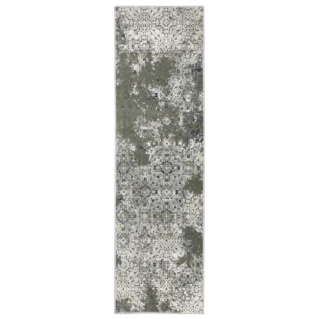 2' X 8' Ivory Grey Blue And Taupe Abstract Power Loom Stain Resistant Runner Rug - Image 2