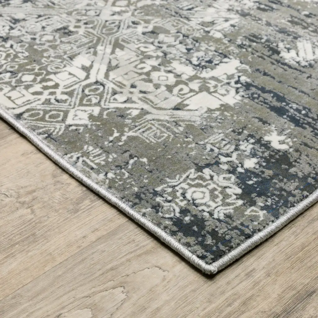 2' X 8' Ivory Grey Blue And Taupe Abstract Power Loom Stain Resistant Runner Rug - Image 4