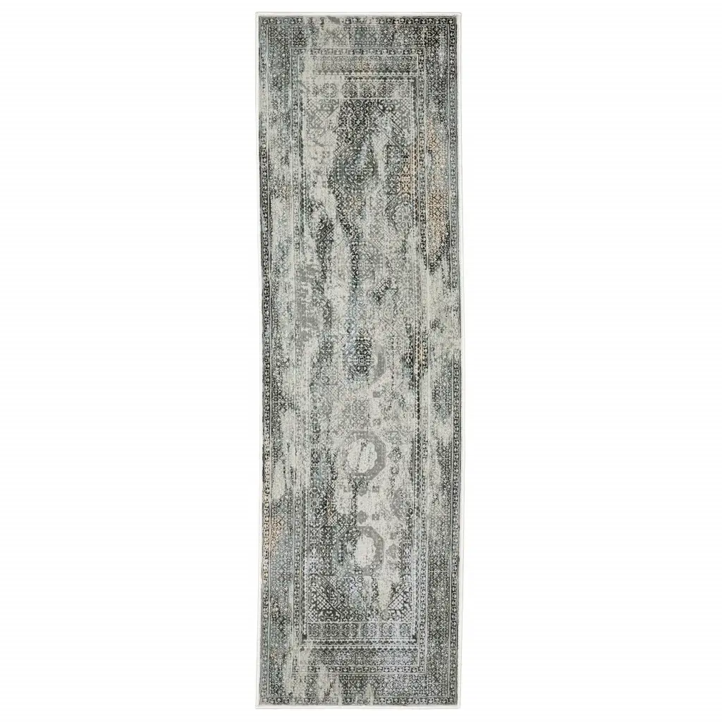 2' X 8' Ivory Grey Charcoal Blue And Rust Oriental Power Loom Stain Resistant Runner Rug - Image 2
