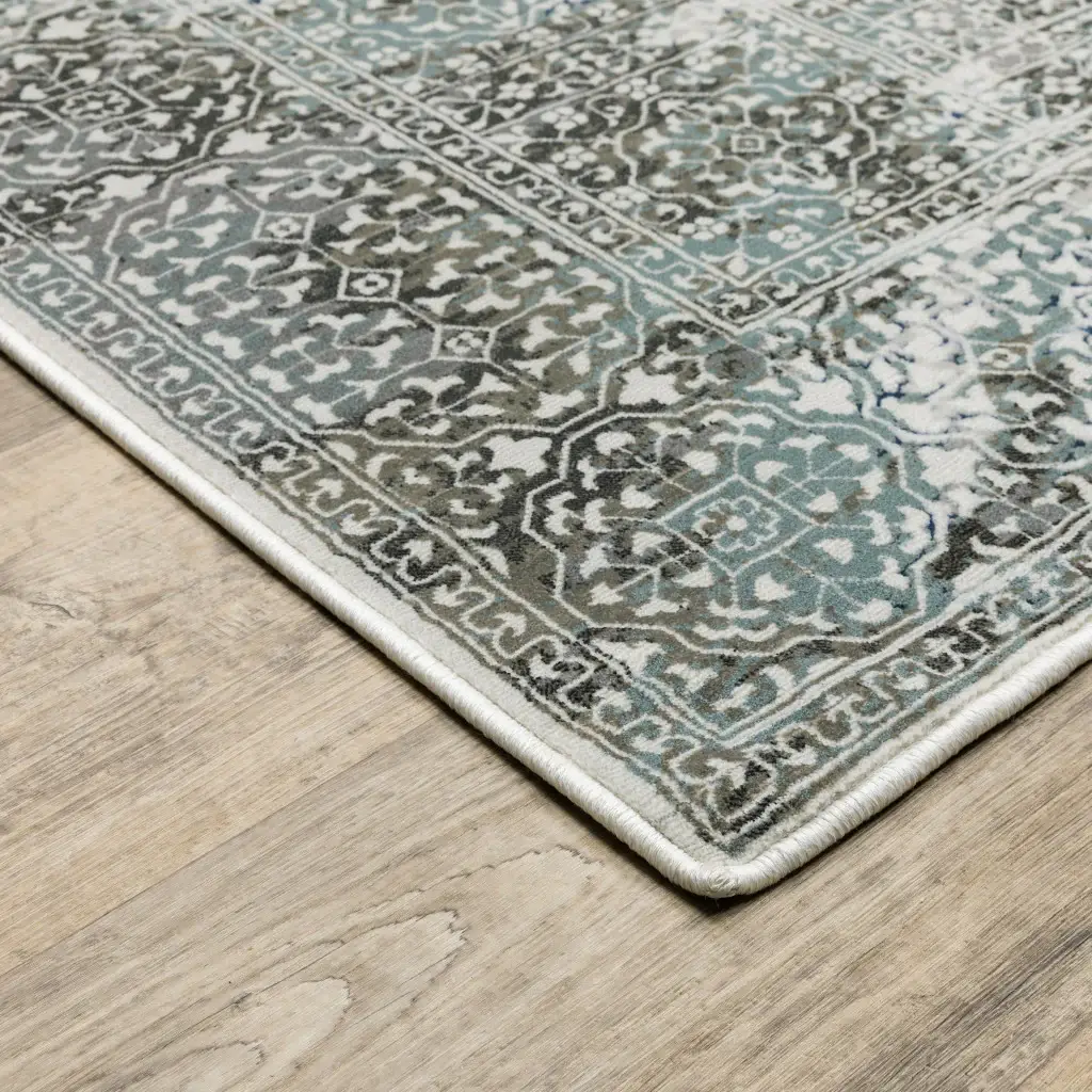 2' X 8' Ivory Grey Charcoal Blue And Rust Oriental Power Loom Stain Resistant Runner Rug - Image 4
