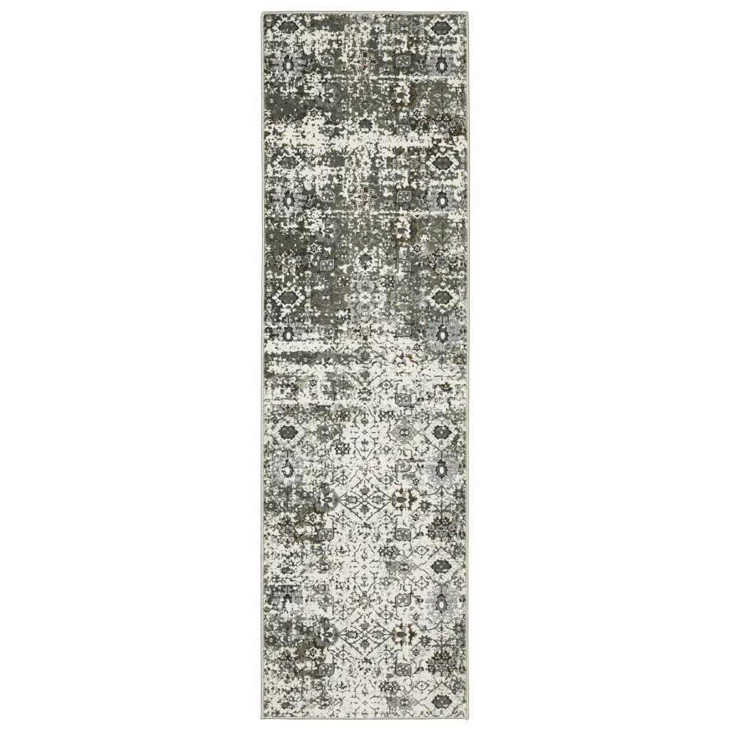 2' X 8' Ivory Grey Charcoal Rust Gold And Brown Oriental Power Loom Stain Resistant Runner Rug - Image 2
