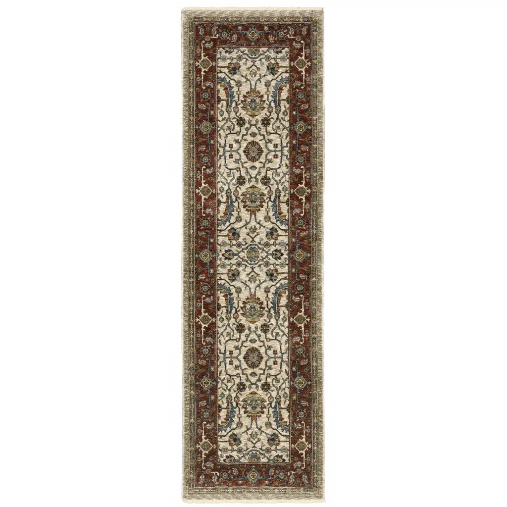 2' X 8' Ivory Red Green Grey Blue And Navy Oriental Power Loom Stain Resistant Runner Rug With Fringe - Image 2