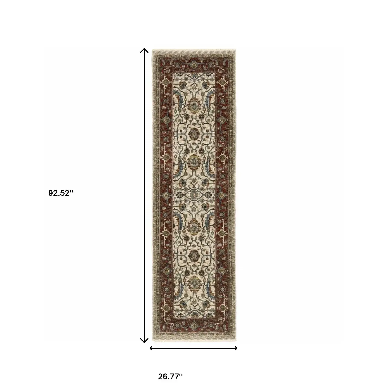 2' X 8' Ivory Red Green Grey Blue And Navy Oriental Power Loom Stain Resistant Runner Rug With Fringe - Image 3