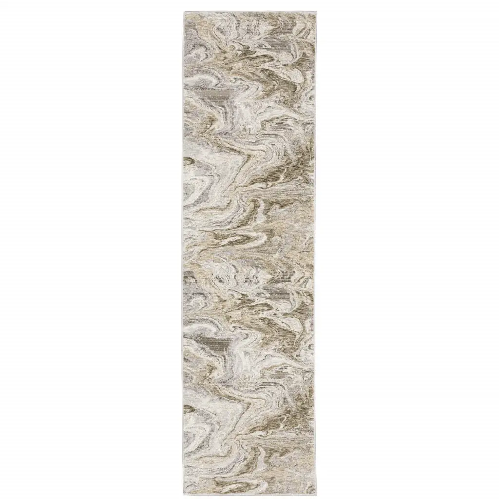 2' X 8' Ivory Tan Beige Grey And Brown Abstract Power Loom Stain Resistant Runner Rug - Image 2